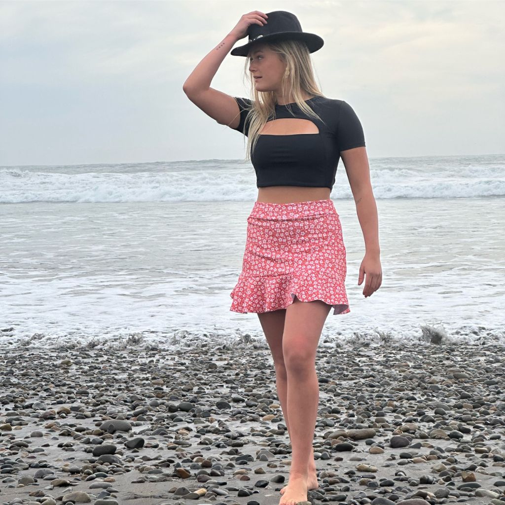 Falda Short Olas Terracota Flores